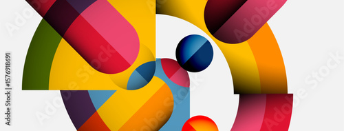 Abstract composition. Overlapping colorful shapes create dynamic visual interest. Bright hues contrast with white background. Modern design.