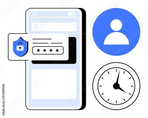 Mobile screen with password protection, user account icon, and clock graphic. Ideal for online security, account access, data protection, authentication, time management, user settings digital apps