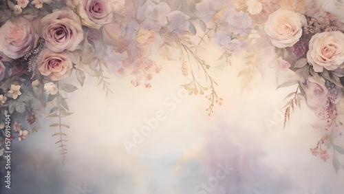 Delicate floral arrangement featuring roses and foliage in soft pastel hues creating a romantic and serene atmosphere.