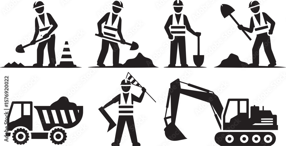 Naklejka premium Construction Worker Silhouettes with Tools and Heavy Equipment on White Background