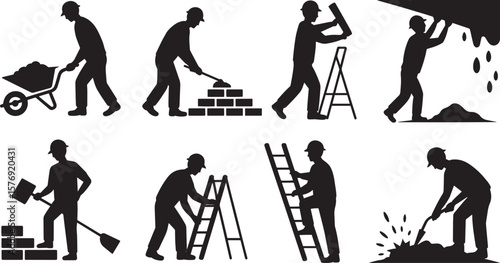 Silhouettes of Building Workers in Action Using Tools and Trowel with Scaffolding