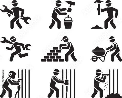 Construction Worker Icons with Tools Wrench Wheelbarrow Brick Work and Wall Support