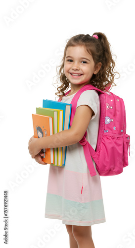 Illustration of Smiling Schoolgirl with Books and Pink Backpack Isolated