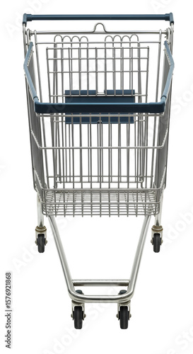 Isolated Front View of Empty Metal Shopping Cart With Transparent BG