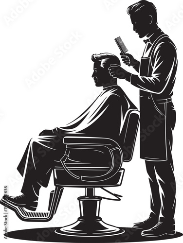 Silhouette of Barber Cutting Hair of Seated Man in Barber Chair on White Background Classic Style
