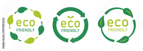 eco friendlyと書かれたサークル型のアイコンセット（エコ 環境 サステナブル 表示マーク ベクター）