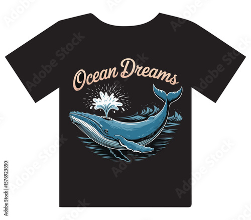 Whale splashing in ocean waves with 'Ocean Dreams' text, perfect for beachwear