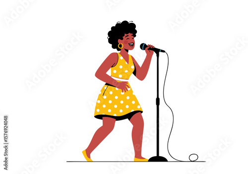 Vector SVG Illustration of a Female Singer in Modern Flat Style with Bright Yellow Polka Dot Dress and Microphone