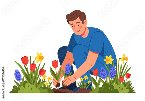Illustration Vector SVG of Boy Planting Flowers in a Garden Modern Flat Style with Bright Colors
