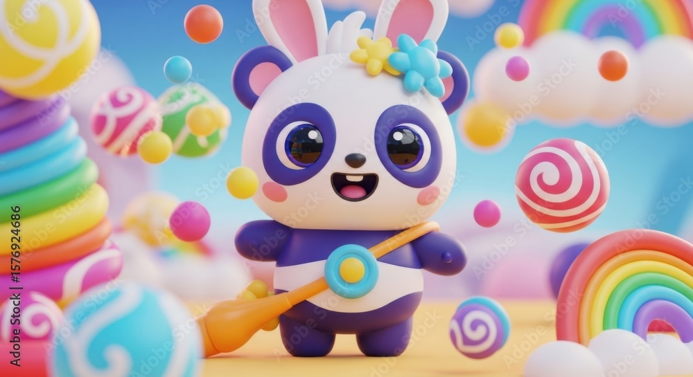 Fototapeta premium Cute Bunny Panda Character Surrounded by Sweet Candies and Rainbows