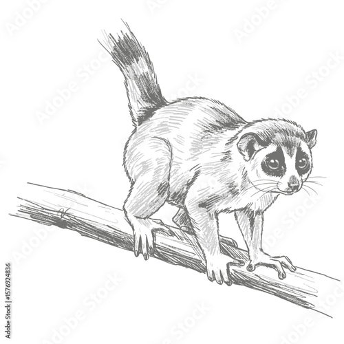 A hand-drawn pencil sketch of a slow loris perched on a tree branch. The illustration highlights its large eyes, small body, and detailed fur texture, representing the animal in a natural climbing pos