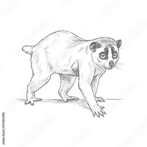 A hand-drawn pencil sketch of a slow loris perched on a tree branch. The illustration highlights its large eyes, small body, and detailed fur texture, representing the animal in a natural climbing pos