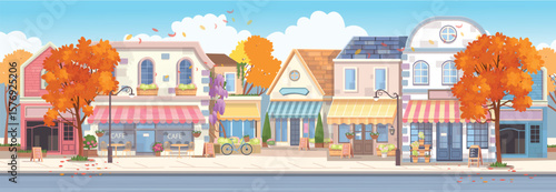 Panorama city autumn. Panorama street with houses, shops, cafes and yellow and red trees. Cozy street in flat cartoon style.