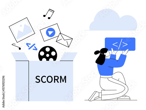 Woman holding code snippet with cloud storage and SCORM box releasing multimedia assets. Ideal for elearning, content management, coding, cloud storage, information organization, digital media