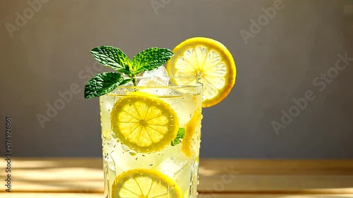 Refreshing lemonade with mint leaves and lemon slices served in a tall glass on a wooden table