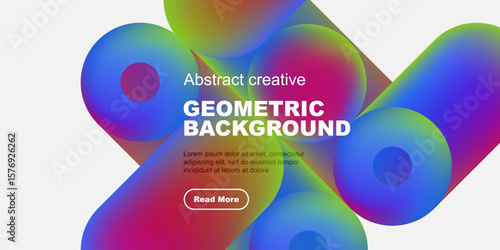 Vibrant fluid shapes overlap black background. Text promotes geometric design, includes call to action button.