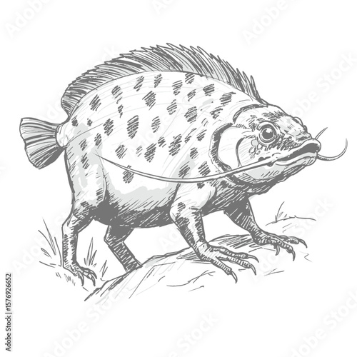 A mysterious fish creature moves steadily with a spotted body and sharp claws in a detailed sketch. The creature stands on rocky terrain, blending aquatic and terrestrial features in a fantasy setting