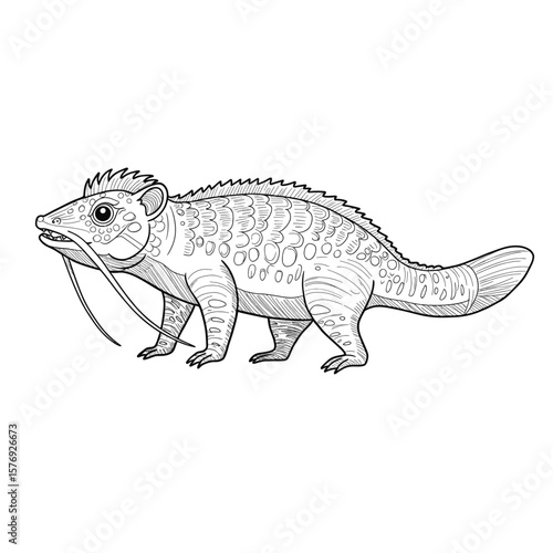 A mysterious fish creature moves steadily with a spotted body and sharp claws in a detailed sketch. The creature stands on rocky terrain, blending aquatic and terrestrial features in a fantasy setting