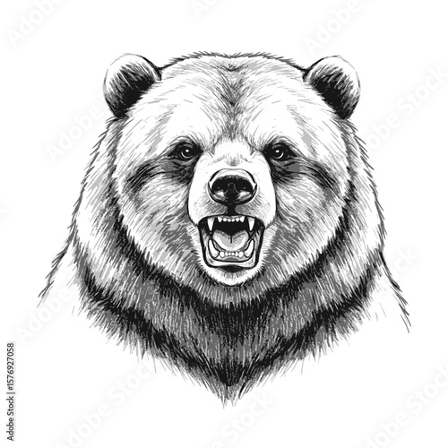 A realistic hand drawn bear sketch illustration standing on the ground. The artwork shows detailed fur texture and natural posture, created in pencil lines with a vintage wildlife animal art concept
