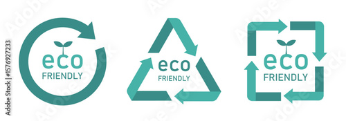 eco friendlyと書かれたサークル型のアイコンセット（エコ 環境 サステナブル 表示マーク ベクター）