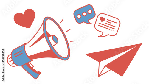 Digital marketing communication concept with megaphone heart paper airplane and social media chat bubbles