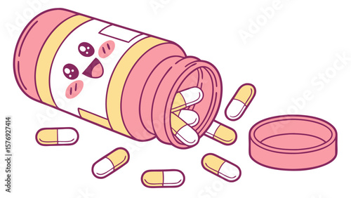 Cute kawaii pill bottle spilling out yellow and white capsules with a smiling face on a white background