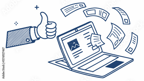 Hand giving a thumbs up next to a laptop with documents flying out symbolizing success and productivity