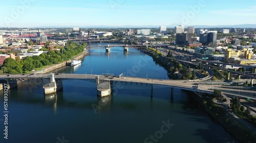 Wallpaper Mural 4k high quality aerial drone video footage showcasing a morning traffic on Hawthorne, Morrison and Burnside bridges, across Willamette river in Downtown Portland, Oregon, blue sky Torontodigital.ca
