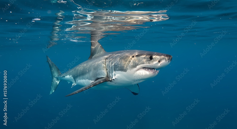 Naklejka premium Apex predator, a great white shark, captured gracefully swimming in its natural habitat.