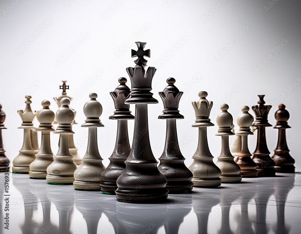 Fototapeta premium Array of Chess Pieces on White Background - Strategy & Intellectual Game