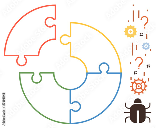 Incomplete circular puzzle with a bug, question marks, gear icons, and dots representing issues, problem-solving, debugging, technical challenges, and logical processes. Ideal for troubleshooting