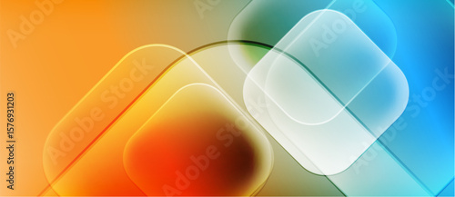 Abstract composition features overlapping translucent squares. Warm orange transitions to cool blue hues. Soft gradients create depth, visual interest.