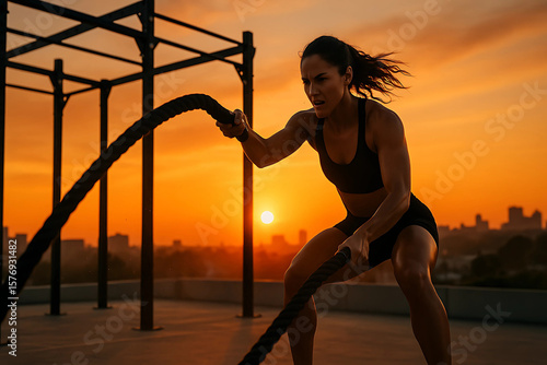 mujer realizando rutina fitness en atardecer