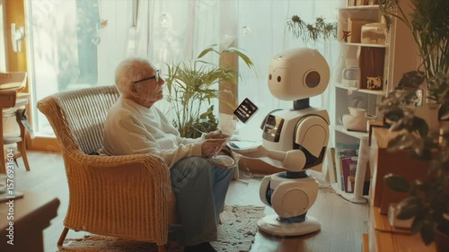 Elderly man interacts with a home robot assistant