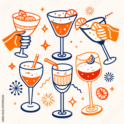Cheers and Drinking Toast Illustration with Martini, Wine, Champagne and Cocktail Glasses in Hand – Celebration Vector Art