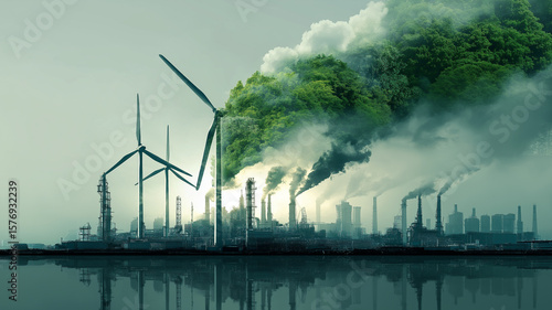 Surreal image depicting contrast between industrial pollution and renewable energy, with wind turbines and smoke blending into lush green forest, symbolizing energy transition