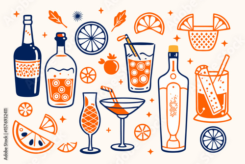 Blue and Orange Cocktails with Citrus Fruits, Ice, and Bar Tools in Elegant Glassware