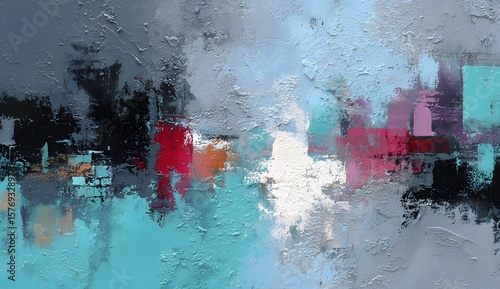 Colorful textured abstract painting with vibrant brushstrokes in turquoise, black and red