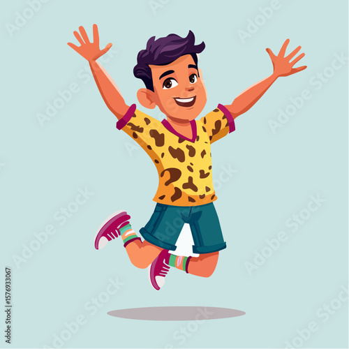 Joyful boy with purple hair leaping with arms raised, wearing a spotted shirt