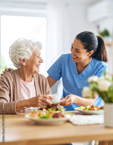 Caring nurse supports elderly patient at home heartwarming scene domestic setting intimate interaction