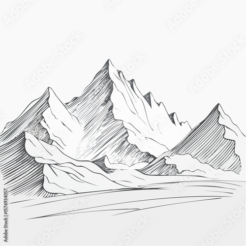 Detailed Line Art Depiction of Jagged Mountain Peaks and Snowy Slopes