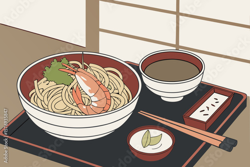 Japanese soba noodles with shrimp and tea set in flat illustration style