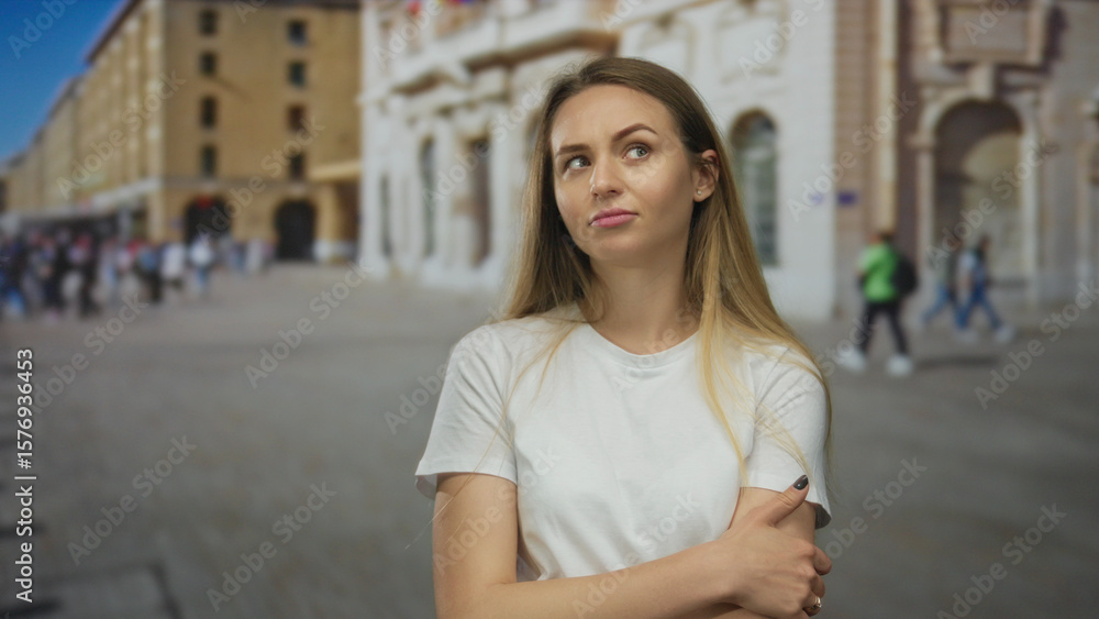 Woman standing outdoors on a busy city street in casual attire with an expression of confidence and curiosity surrounded by urban life and architecture capturing everyday moments. Woman standing outdoors on a busy city street in casual attire with an expression of confidence and curiosity surrounded by urban life and architecture capturing everyday moments.
