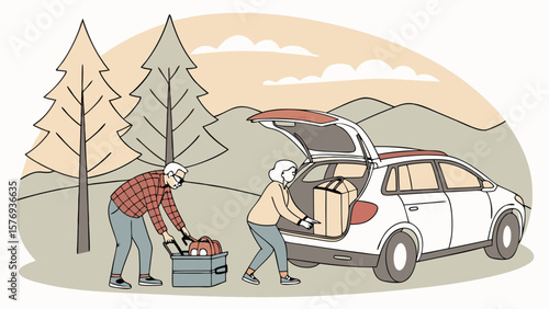 Funny cartoon vector illustration of a family in a red auto enjoying a fun car wash