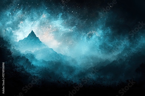 Mystical mountain range bathed in ethereal, twilight-blue light