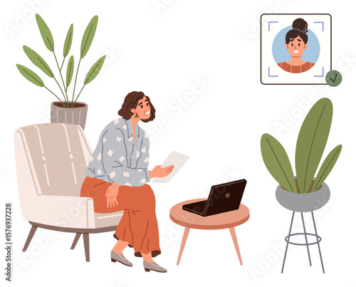 Woman seated with laptop and paper in hands, surrounded by plants, conducting a remote video call. Ideal for remote work, communication, productivity, technology, online meetings, business learning