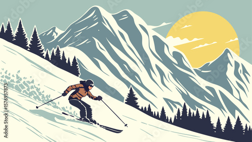 An active skier enjoys the extreme winter sport atop a snow-covered mountain landscape under a vast sky