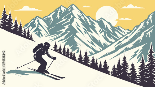 Winter mountain landscape with an active skier enjoying the snow sport