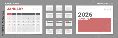 Set of Monthly pages Calendar Planner Templates 2026 for wall or desk with Cover and place for Photo, Logo. Vector layout of simple calendar with week start Sunday. Pages for size Letter - 8.5x11 in