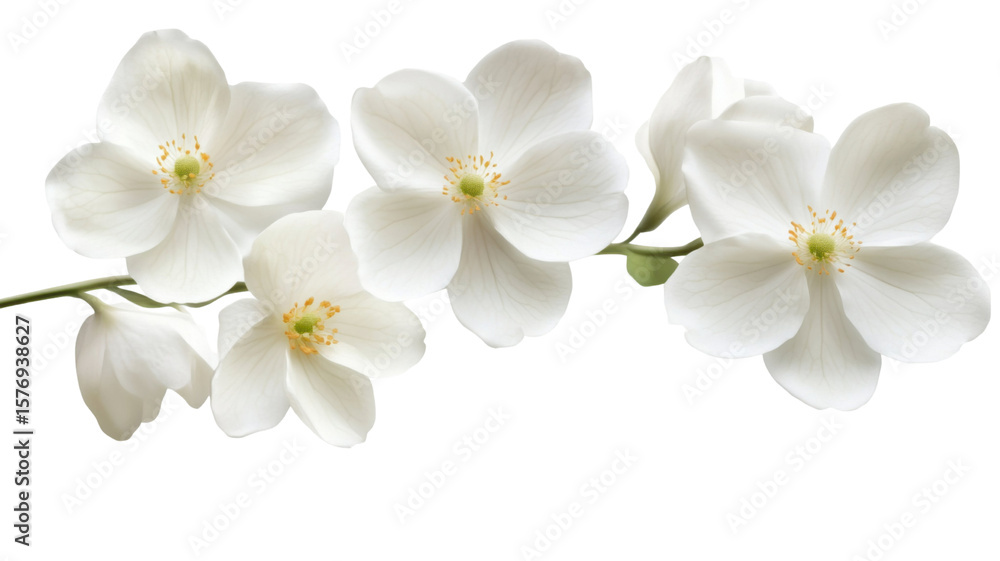 Fototapeta premium Title: Elegant White Flowers on a Single Branch Stalk Isolated Against a Clean White Background
